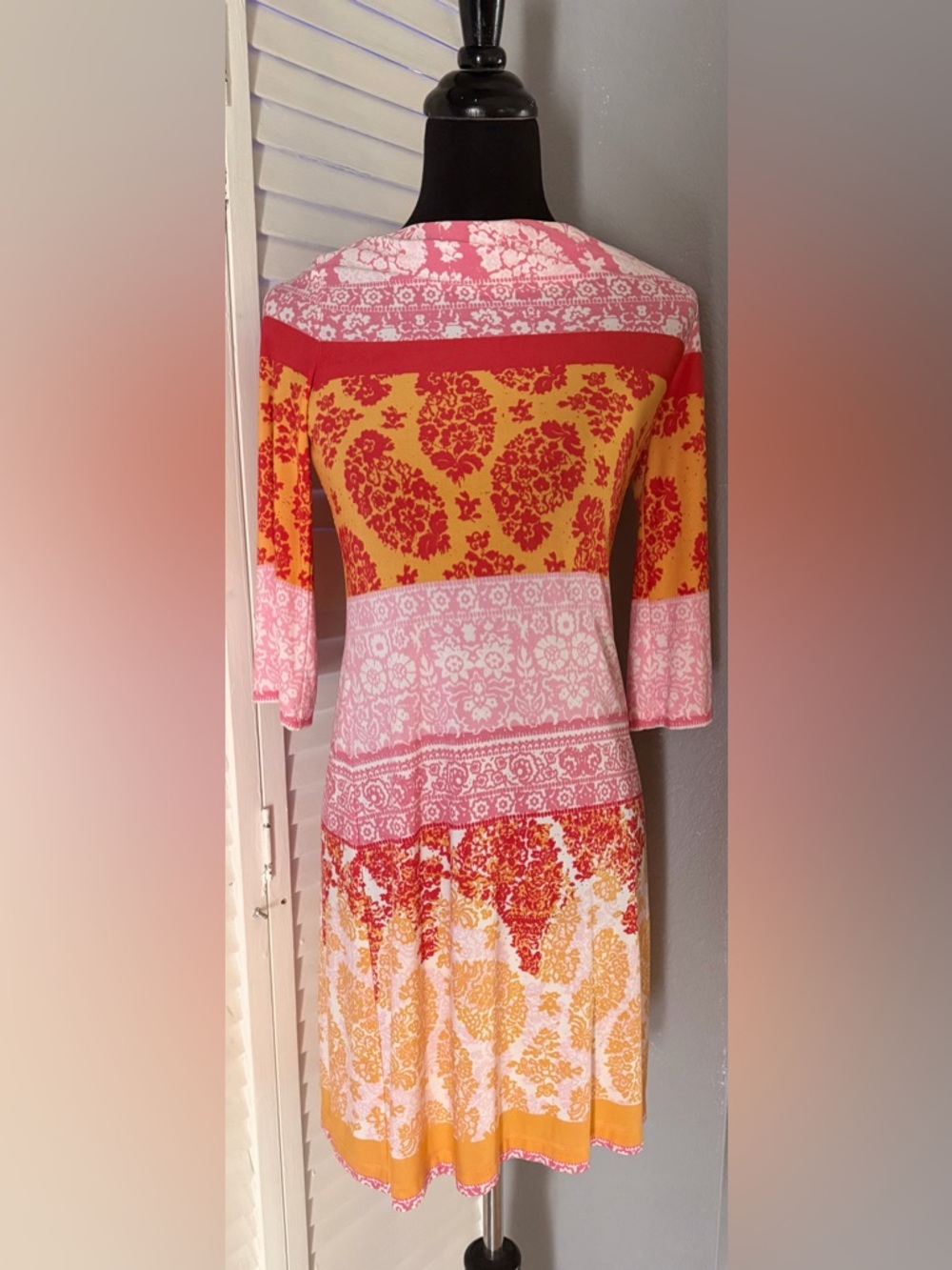 Donna Morgan Pink and Yellow Patterned Long-Sleeve Shift Dress